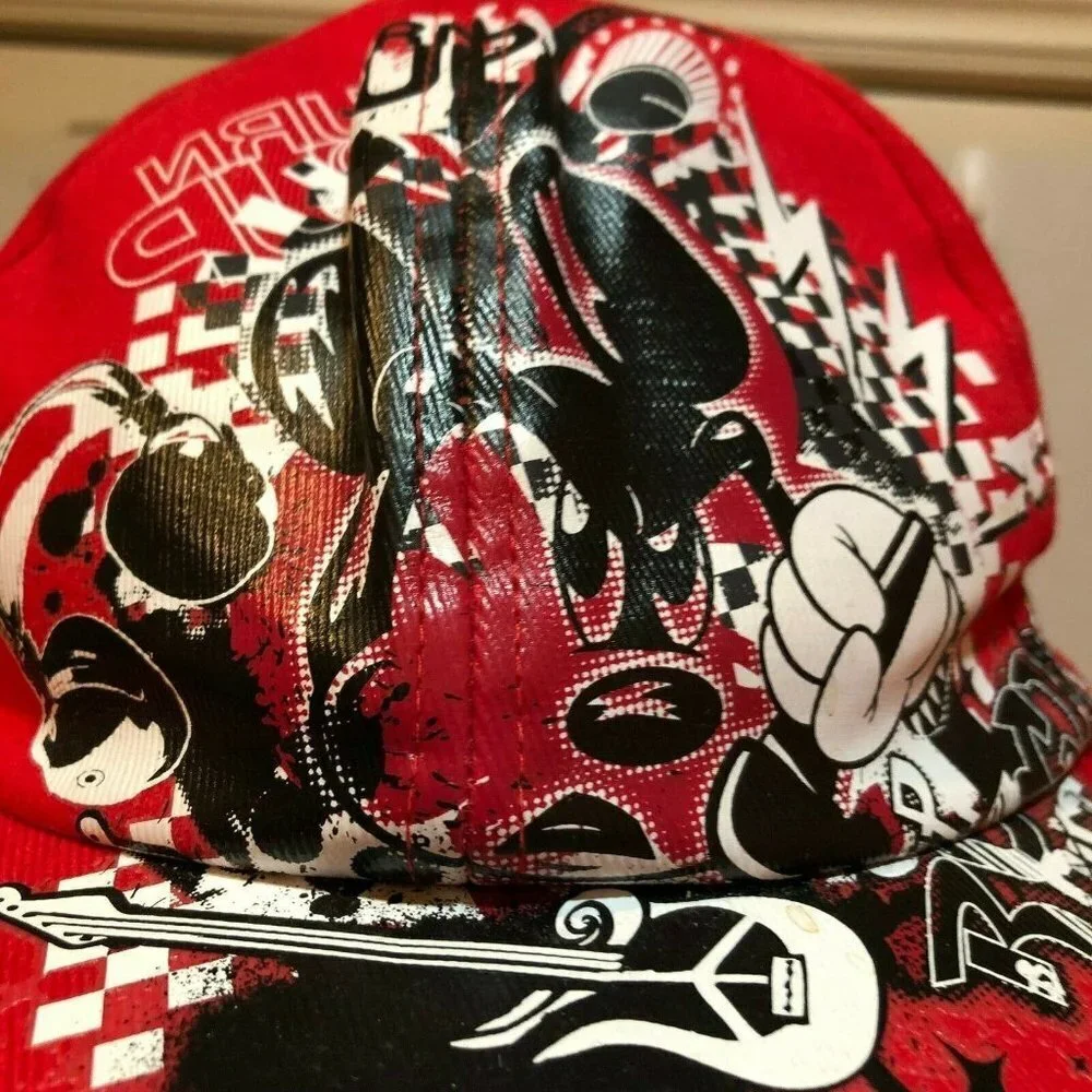 Disney Parks Adult Red Black Mickey Mouse Hat Electric Guitar Headphone Cap Hat